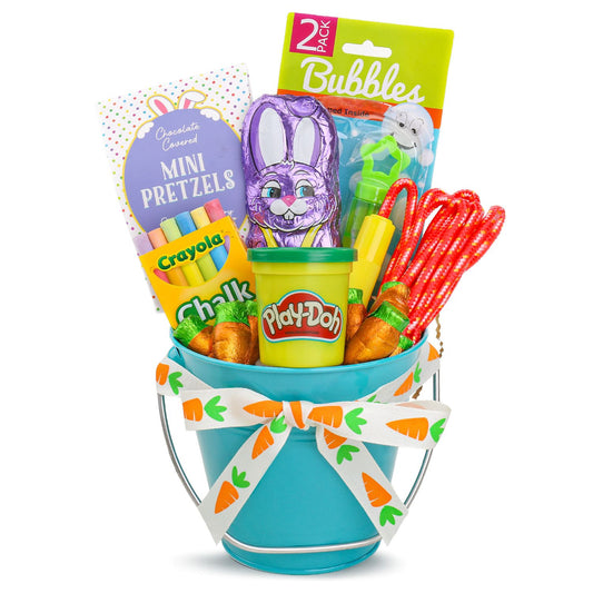 Colorful Easter basket with toys and snacks on a white background