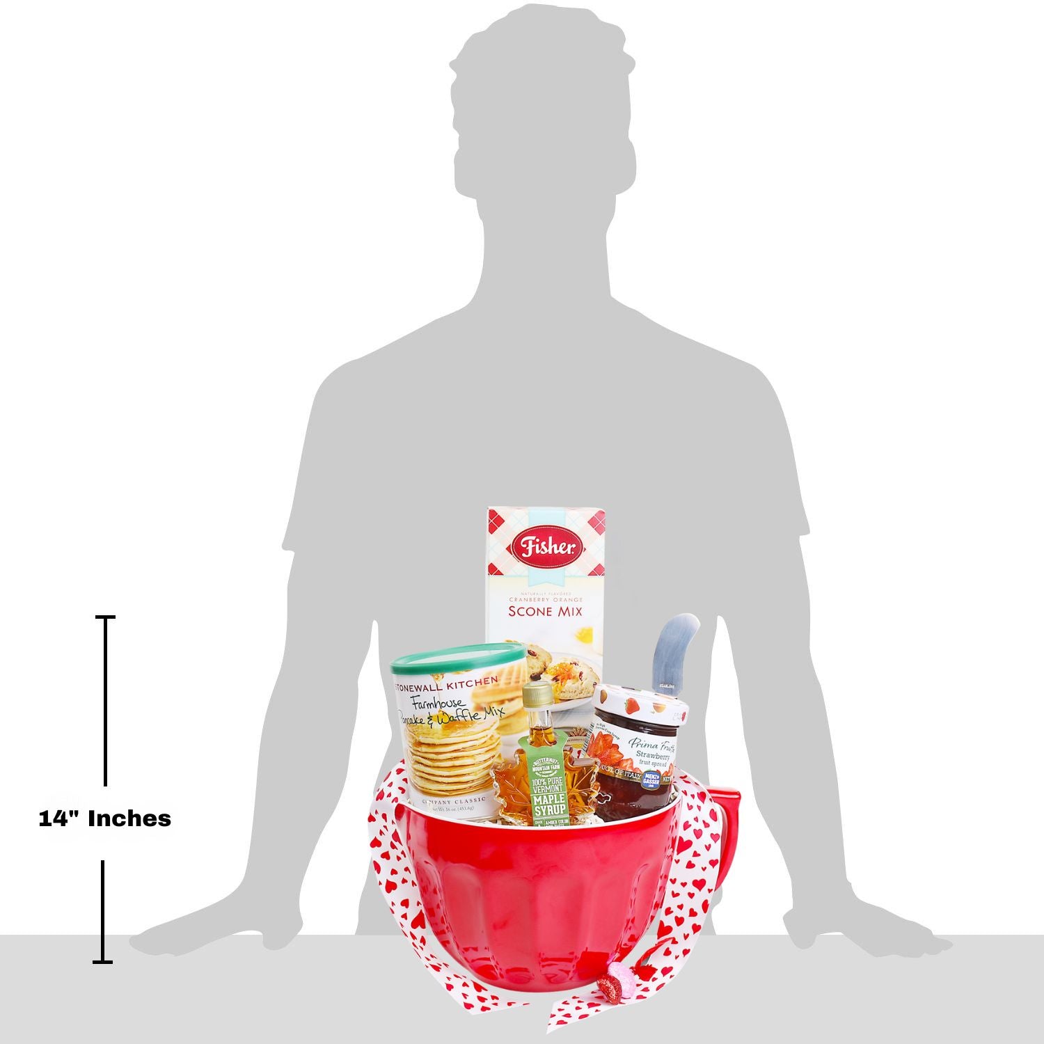 Silhouette of a person with a large red mixing bowl containing food items for scale