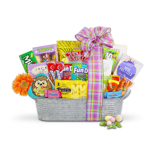 gift basket with contents displayed on white background