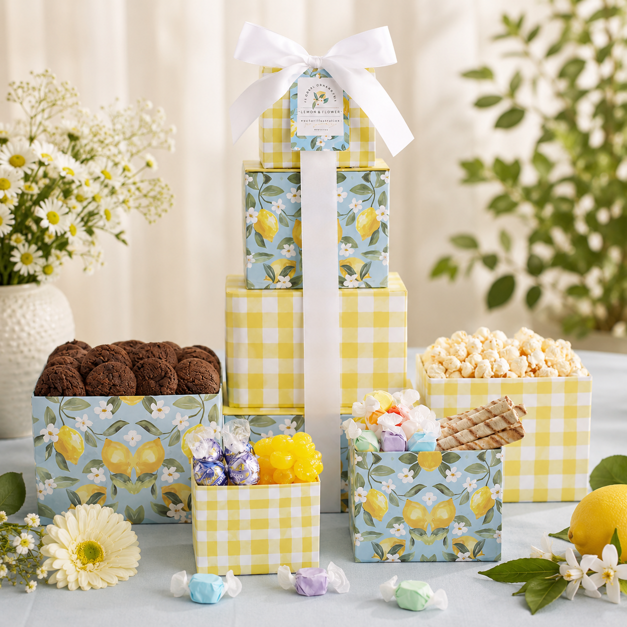 Stack of decorative gift boxes with treats on a light surface with flowers in the background