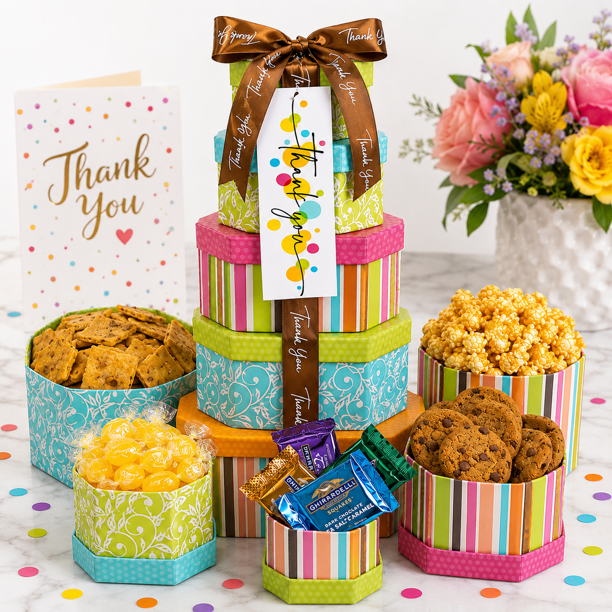 Colorful gift tower with cookies, chocolate squares, and popcorn on a white surface with flowers and a 'Thank You' card in the background.