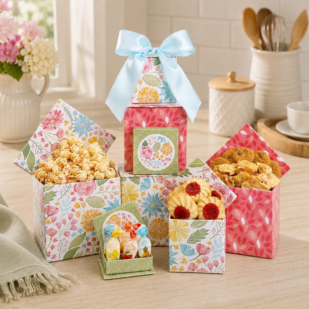 Decorative gift boxes with floral patterns containing snacks on a kitchen counter.