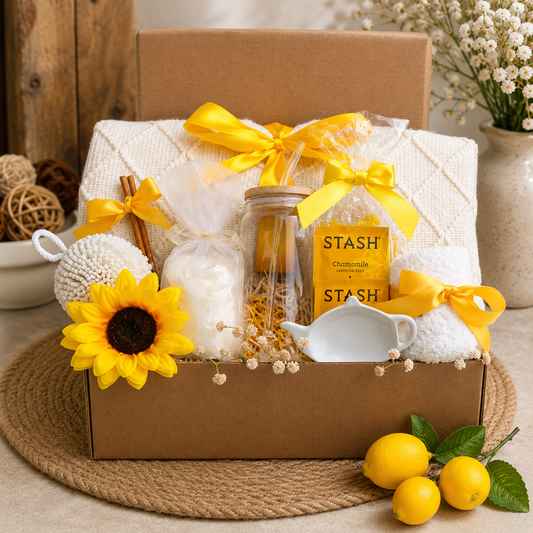 Gift basket with yellow ribbons, sunflower, and 'STASH' tea on a wooden surface.