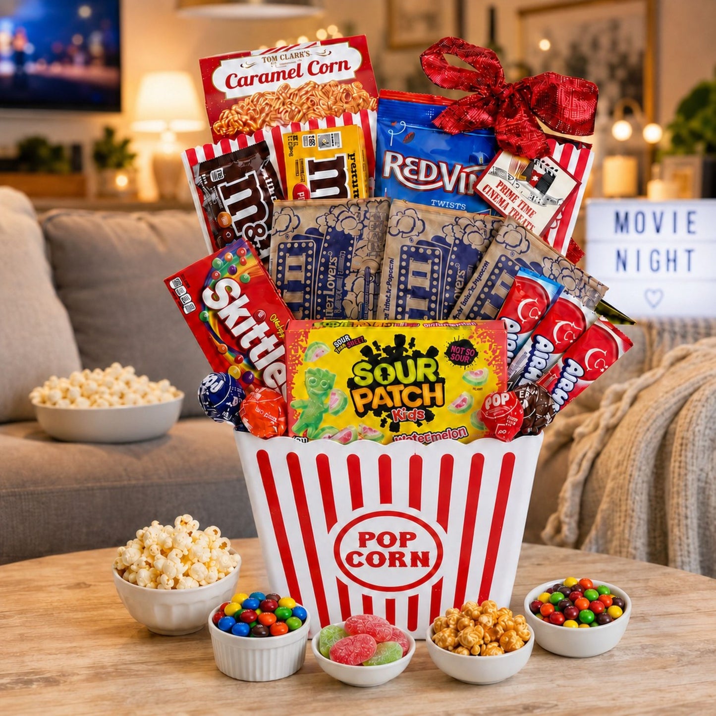 gift basket with food contents displayed and with home movie night background