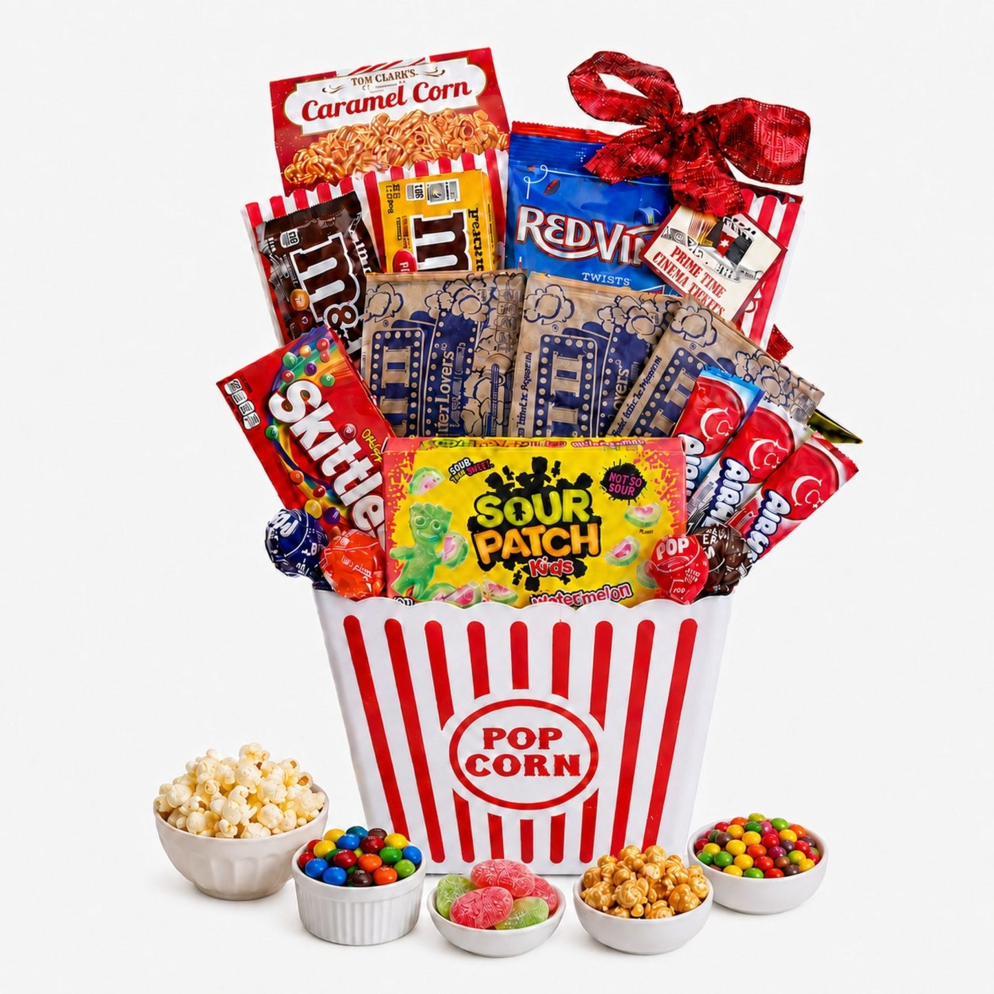 gift basket with food contents displayed in white dishes