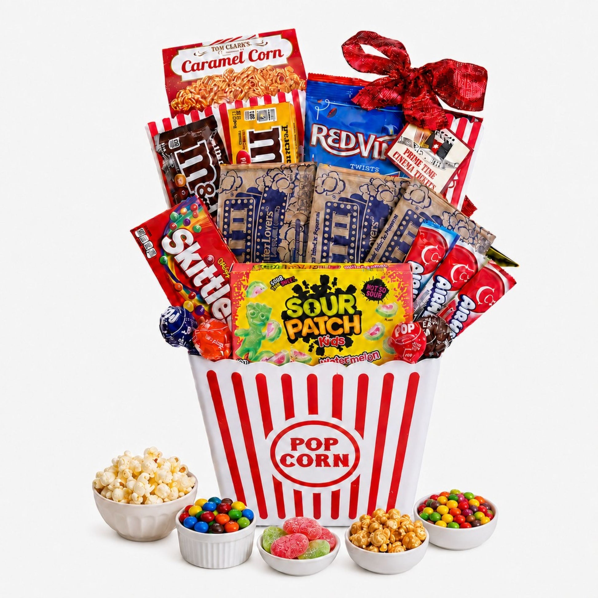 gift basket with food contents displayed in white dishes