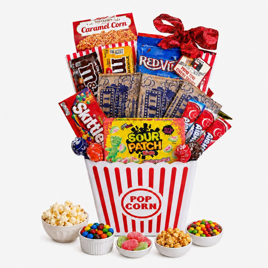 gift basket with food contents displayed in white dishes