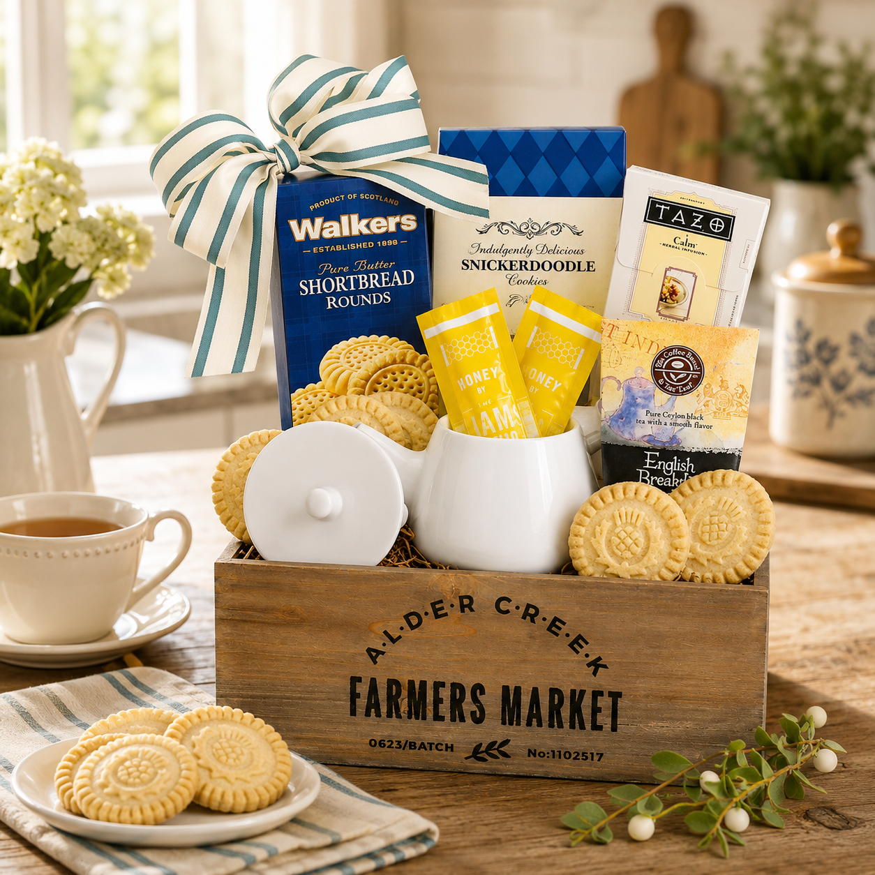 Gift basket with cookies, tea, and snacks on a wooden table.