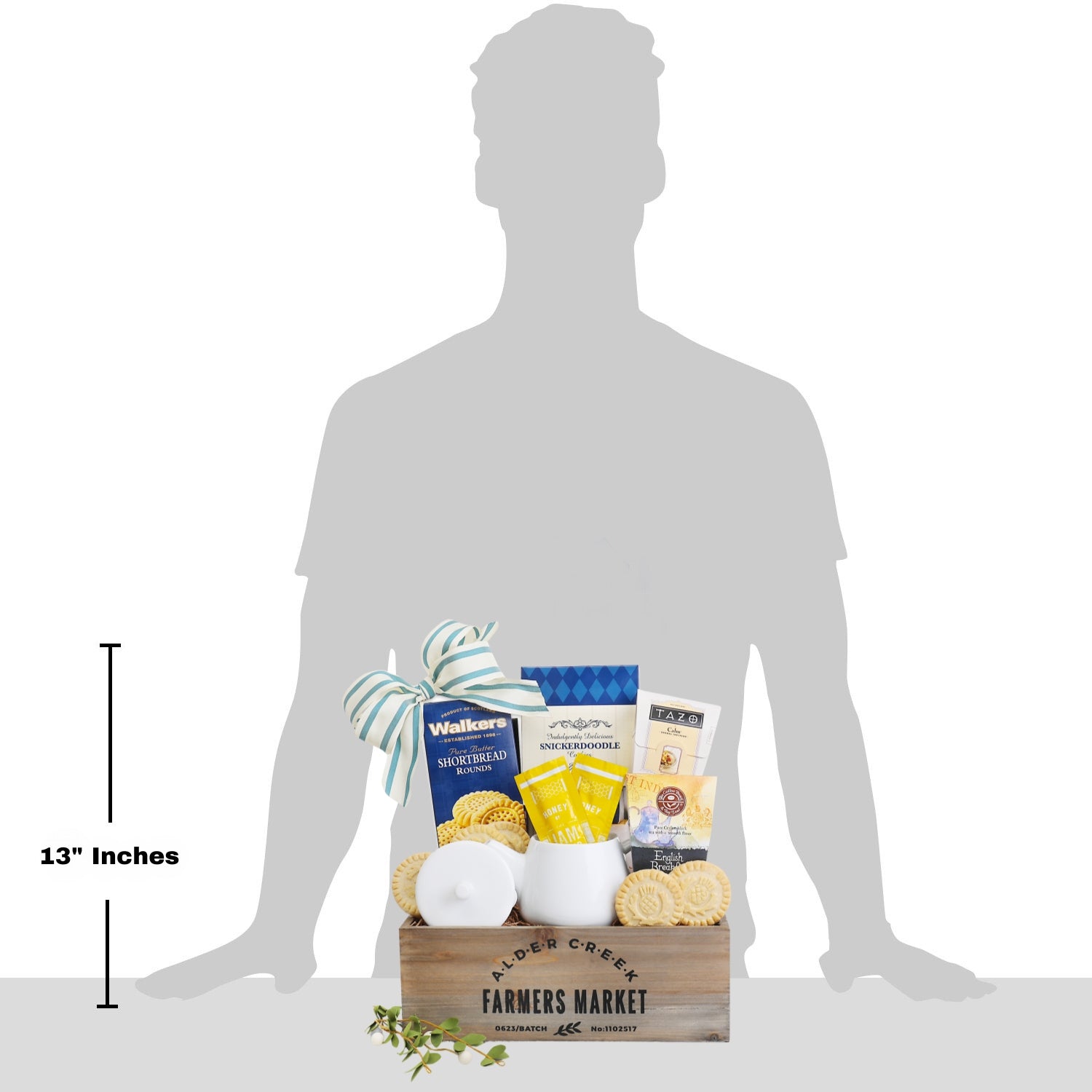 Gift basket with dimensions shown relative to a silhouette of a person