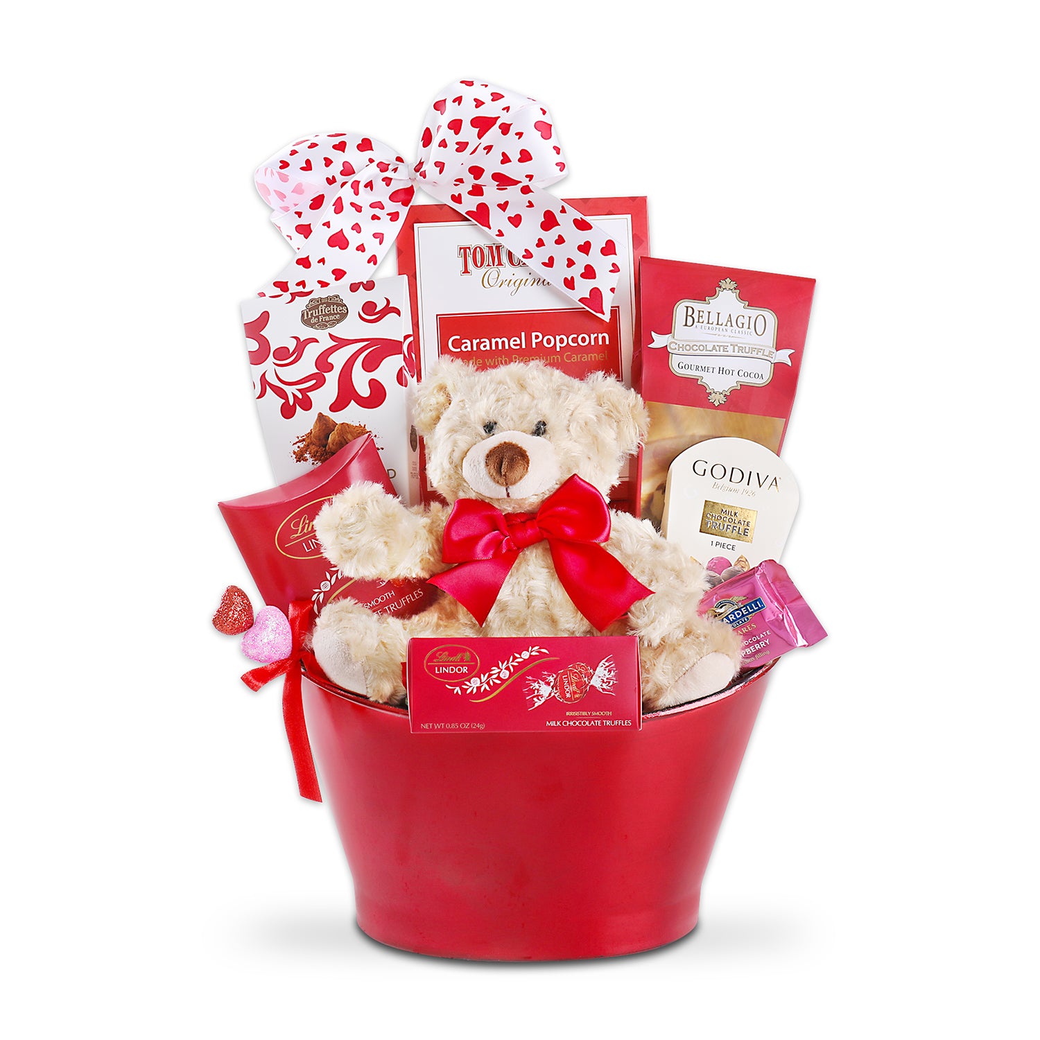 Gift basket assembled with white and red heart bow