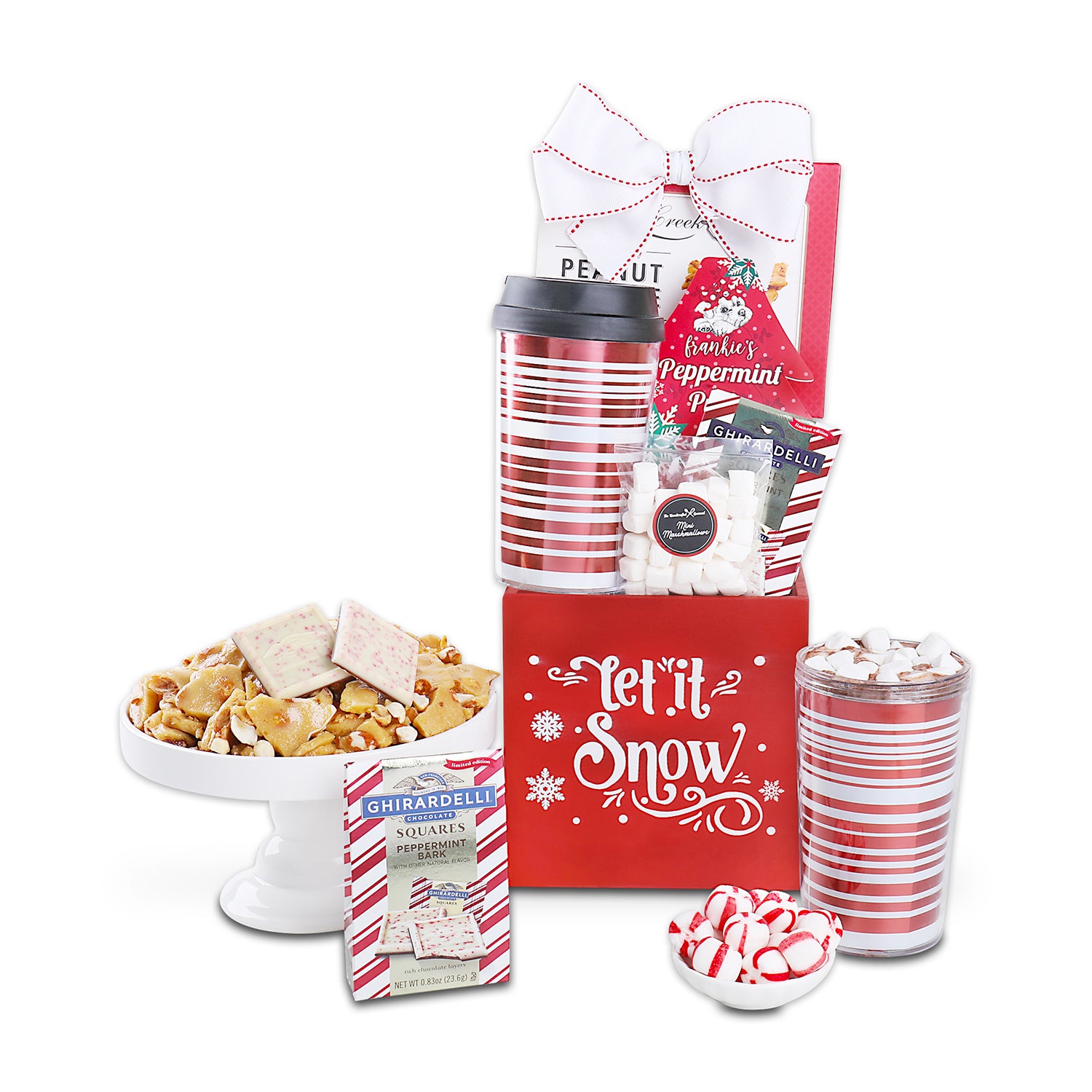 Old Fashioned Peanut Brittle (4oz.), Frankie’s Peppermint Puffs (0.9oz.), Marshmallows (1oz.), Ghirardelli Peppermint Bark Squares (0.83oz.), Red & White Travel Mug, Reusable Wood Crate