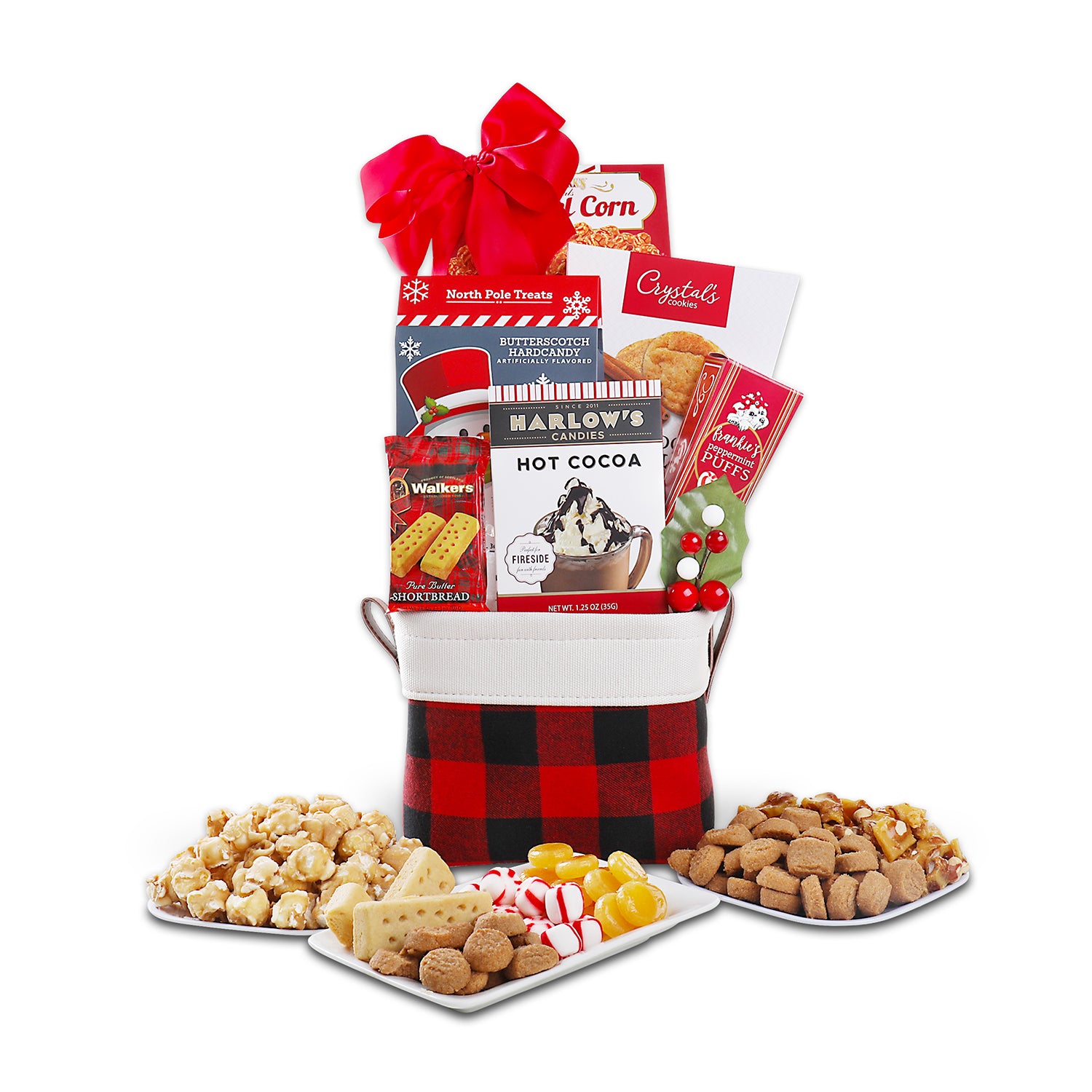 Gift with contents Red & Black Plaid Fabric Tote, Caramel Corn (3oz), Crystal's Snickerdoodle Cookies (2.5oz), Snowman Butterscotch Candy (3oz), Frankie's Peppermint Puffs (1.2oz), Harlow's Hot Cocoa, Walkers Shortbread Fingers (1.0oz) displayed on plates