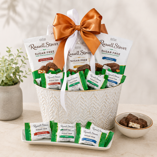 Gift basket with Russell Stover sugar-free chocolate bars on a neutral background