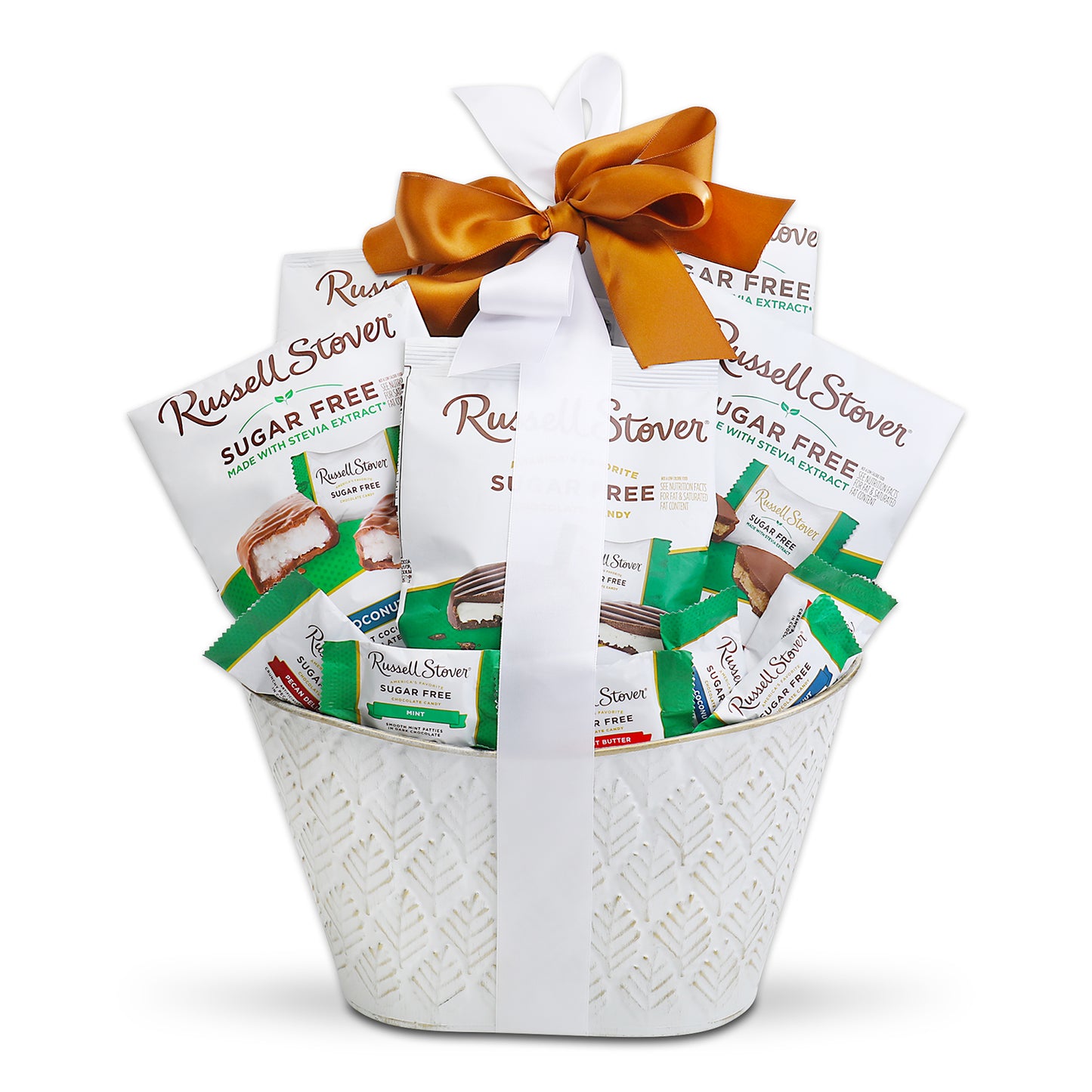 Gift basket with Russell Stover sugar-free chocolate packages and a white ribbon.