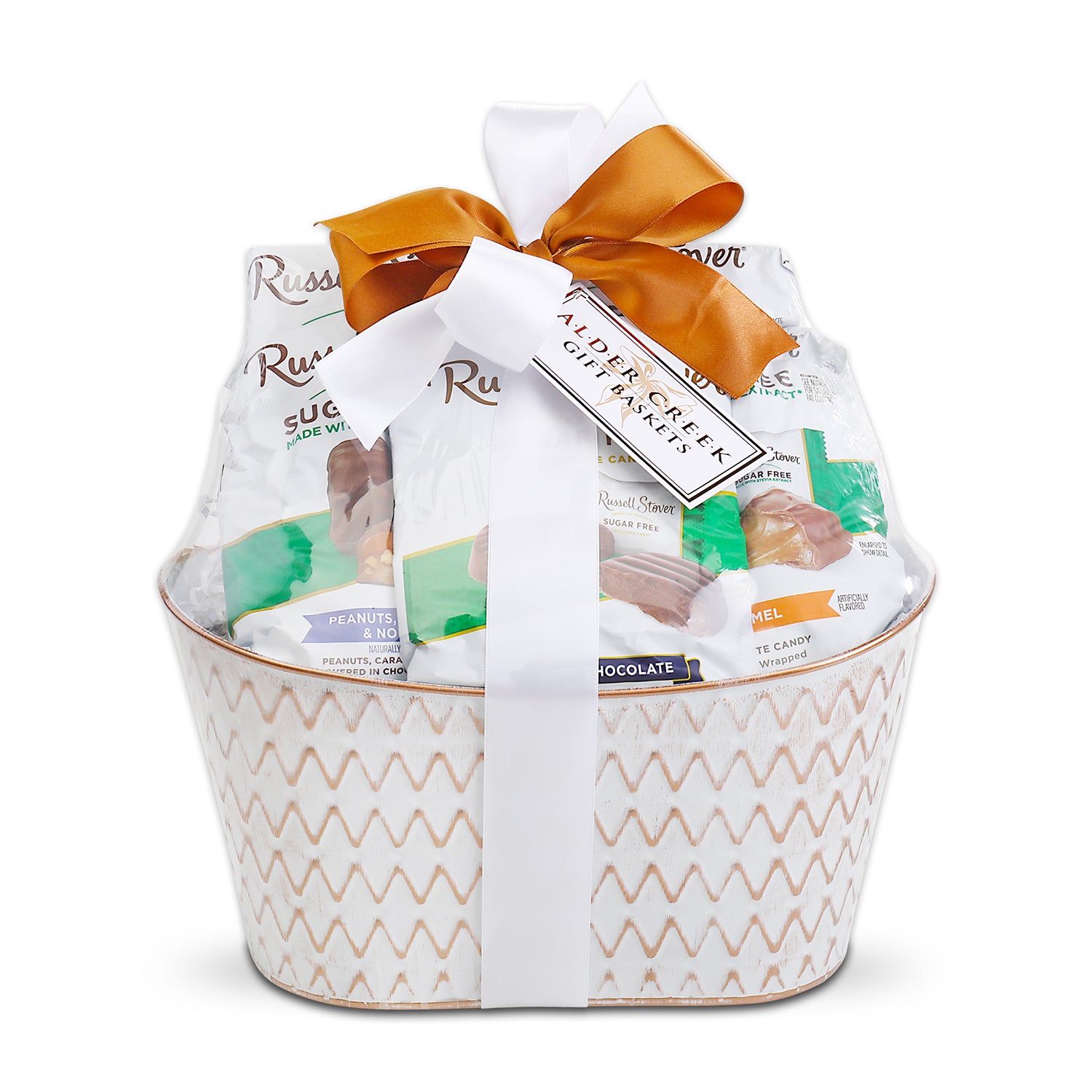 Gift basket with Russell Stover chocolates and a decorative bow on a white background