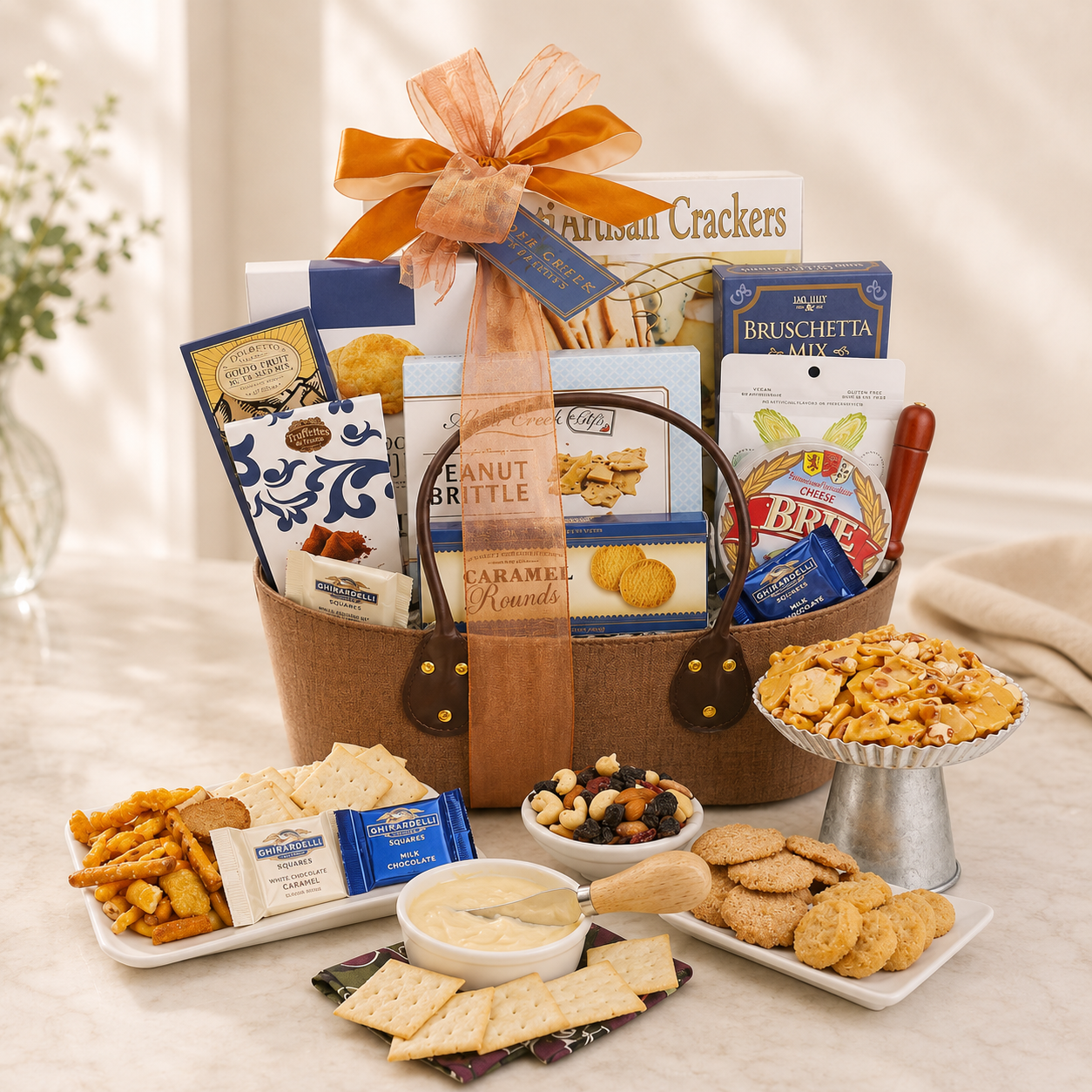 Gourmet gift basket with snacks and treats on a table