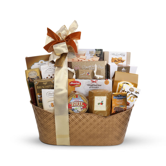 Gift basket with various items including cheese and crackers, tied with a decorative ribbon on a white background.