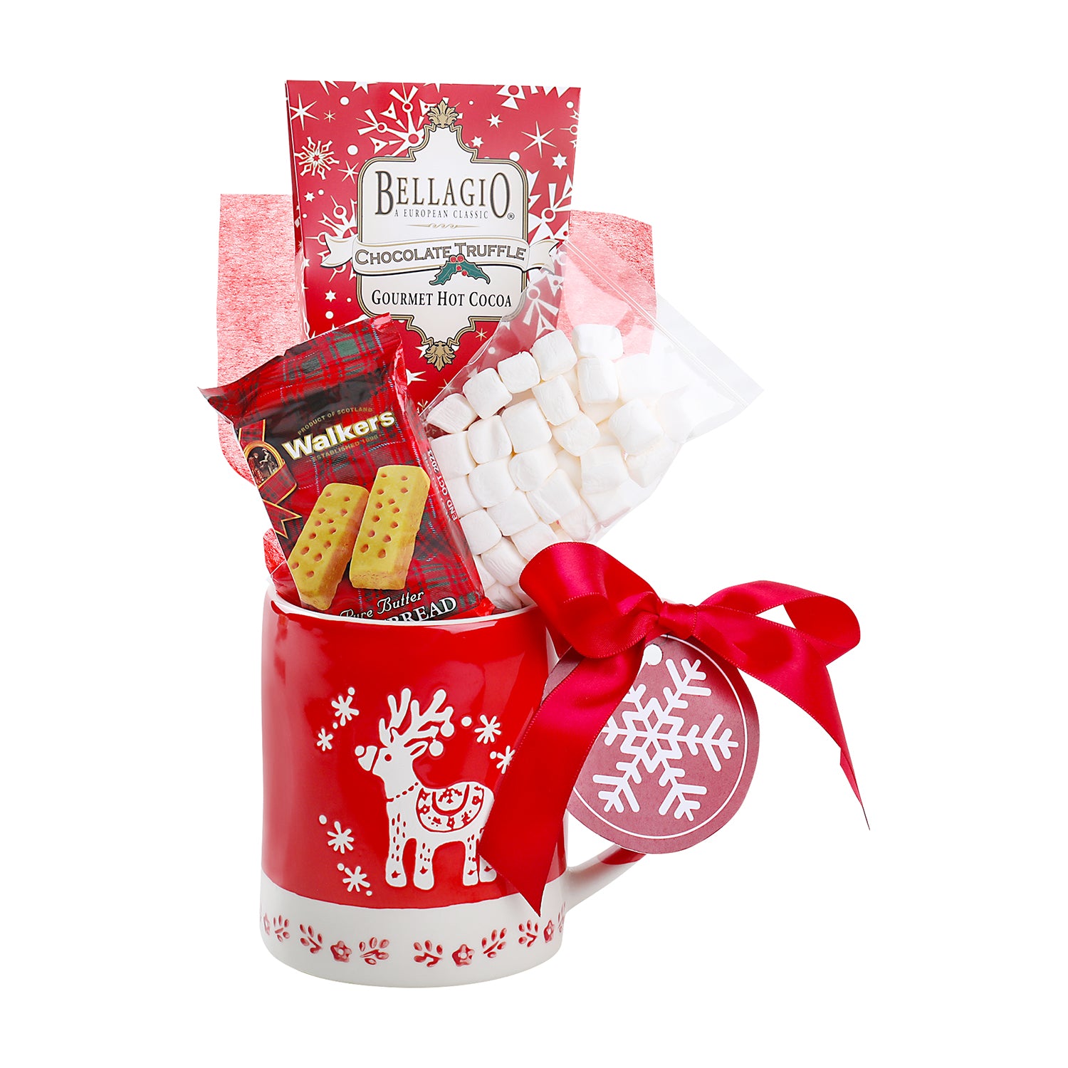 Ceramic Mug with Reindeer, Bellagio Chocolate Truffle Cocoa (1oz), Marshmallow Bag (1oz), Walkers  Shortbread Fingers (1.0oz), 