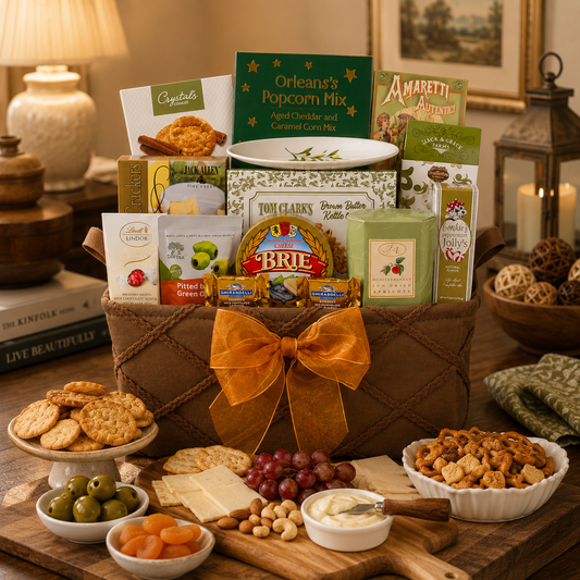 Gourmet gift basket with snacks and treats on a wooden table.