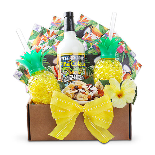Lefty O’Doul’s Pina Colada Mix (1L), Tropical Fruit Trail Mix (5oz.), 2 Plastic Pineapple Cup with Lid & Straw, Tropical Luau Napkins (16ct.)