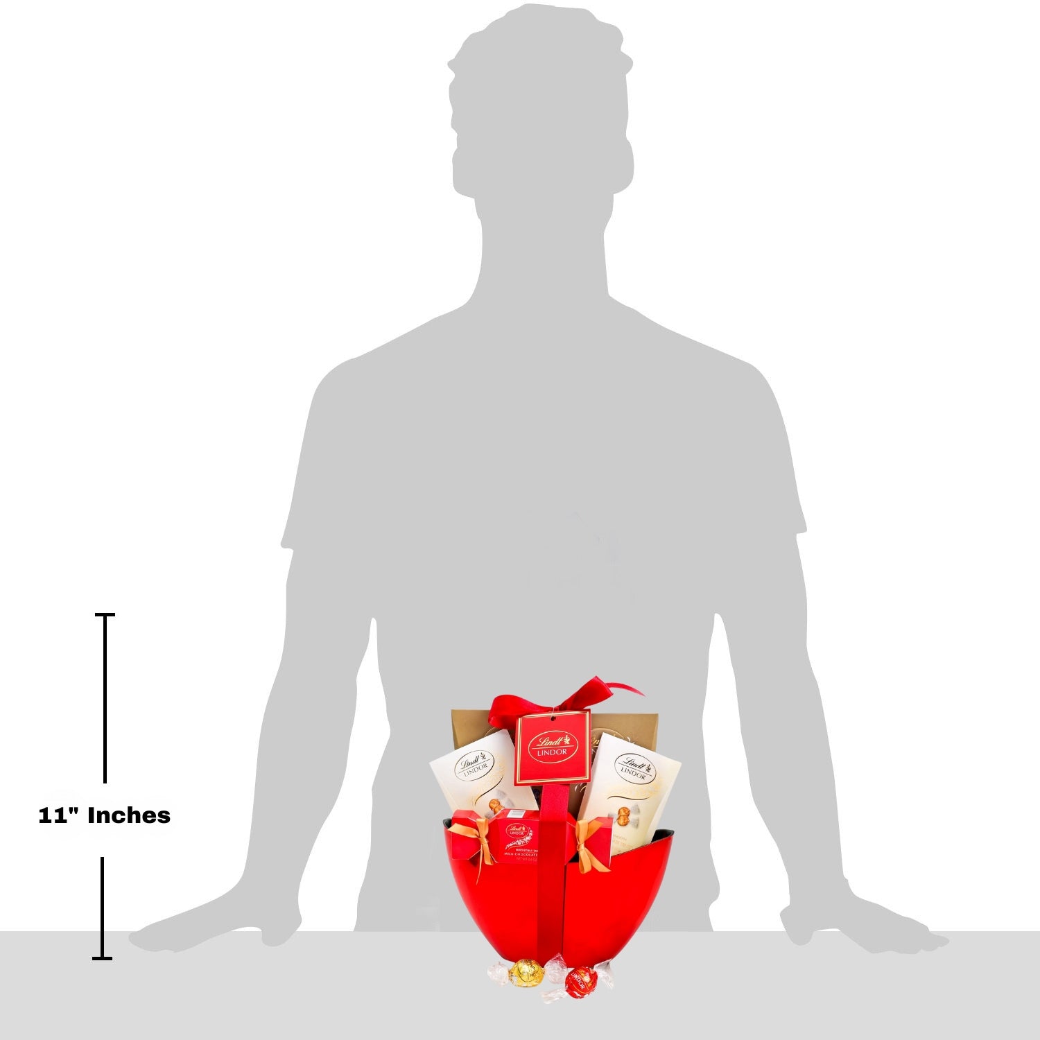 Basket of chocolates with a silhouette of a person and measurement label on a white background