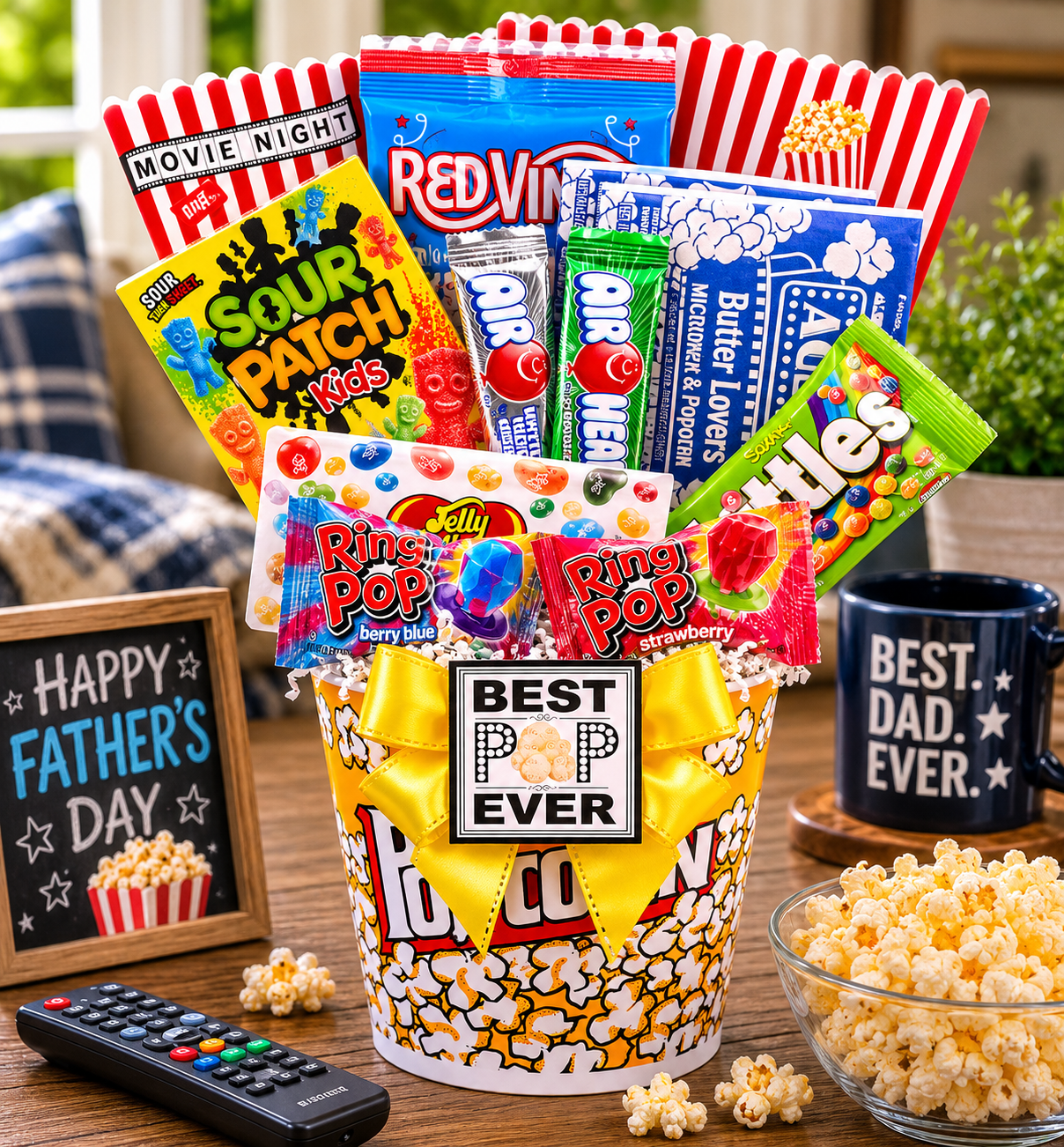 Gourmet gift basket with snacks and candy for Father's Day on a table.