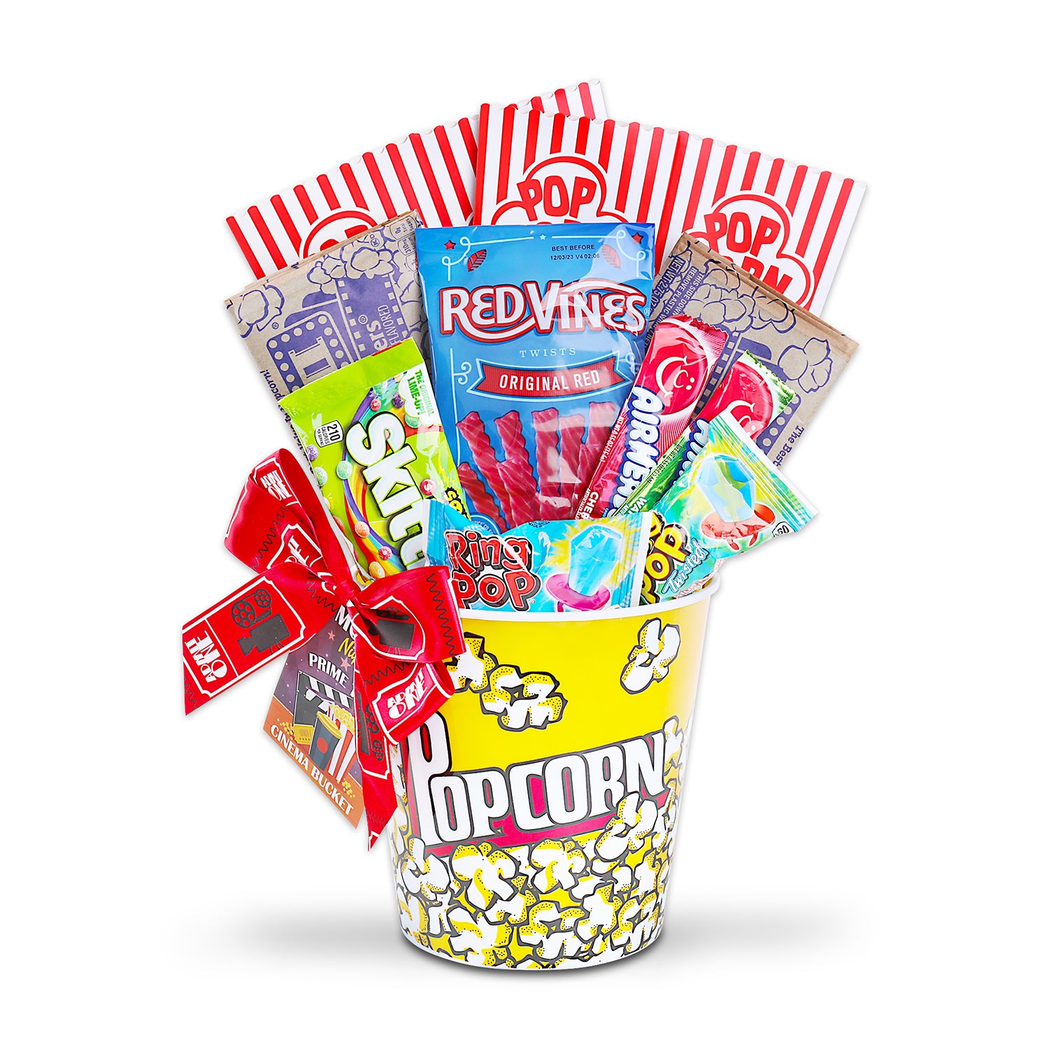 Plastic Popcorn Bucket, Ring Pop Assorted Flavors (2pcs), Act II Microwaveable Popcorn (2pcs), Red Vines (4oz), Sour Skittles (1.8oz), 2pcs Airheads Assorted Flavors (1.1oz), Original Tootsie Roll Bank with Candy (4oz.), 2 Popcorn Scoop contents displayed in bucket