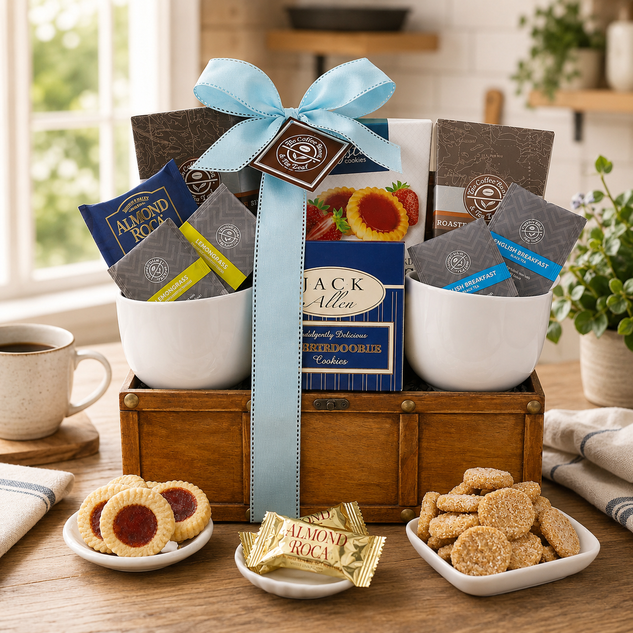 Gift basket with coffee, snacks, and a blue ribbon on a wooden table.