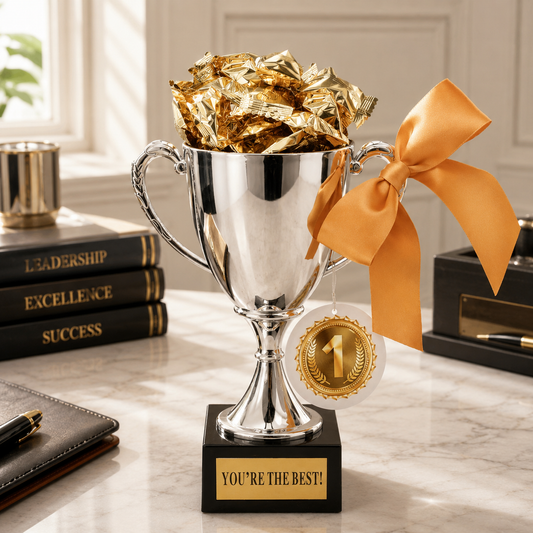 Silver trophy with gold leaves and a gold ribbon on a marble surface, with books and a pen in the background.