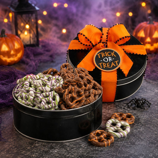 A Halloween-themed black metal gift box filled with pretzels shown next to the closed box with an orange ribbon and a round 'Trick or Treat' label. 