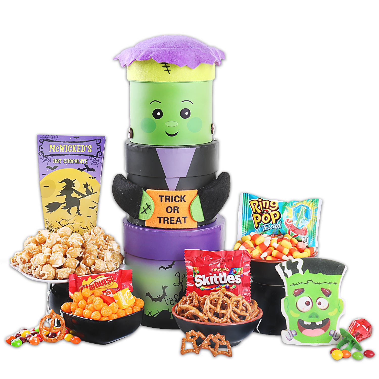  2 Utz Mini Cheese Balls (0.25oz. ea.), Tom Clark Caramel Popcorn (6oz.), Frankenstein Iced Cookie (2oz.), Witches Brew Orange Hot Chocolate (2oz.), Candy Corn (6oz.), Fun Size Skittles (0.5oz.), 2 Halloween Pretzels Bats & Jacks (0.5oz. ea.), Starbursts Fun Size Chewy Candy (1oz.), Halloween Ring Pops (0.5oz.), Frankenstein 3-High Tower