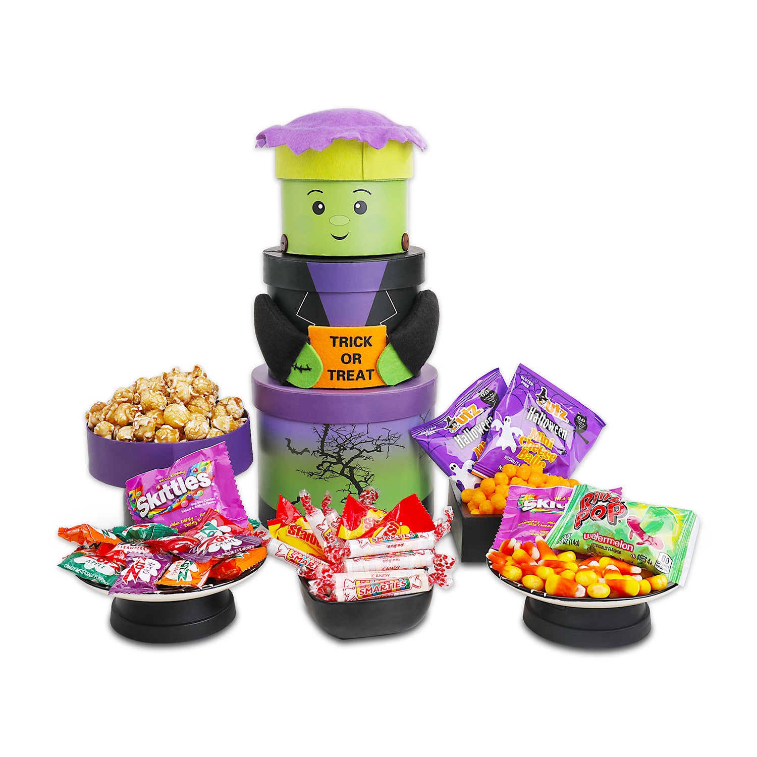 Frankenstien Tower displayed with snack and candy contents on white background
