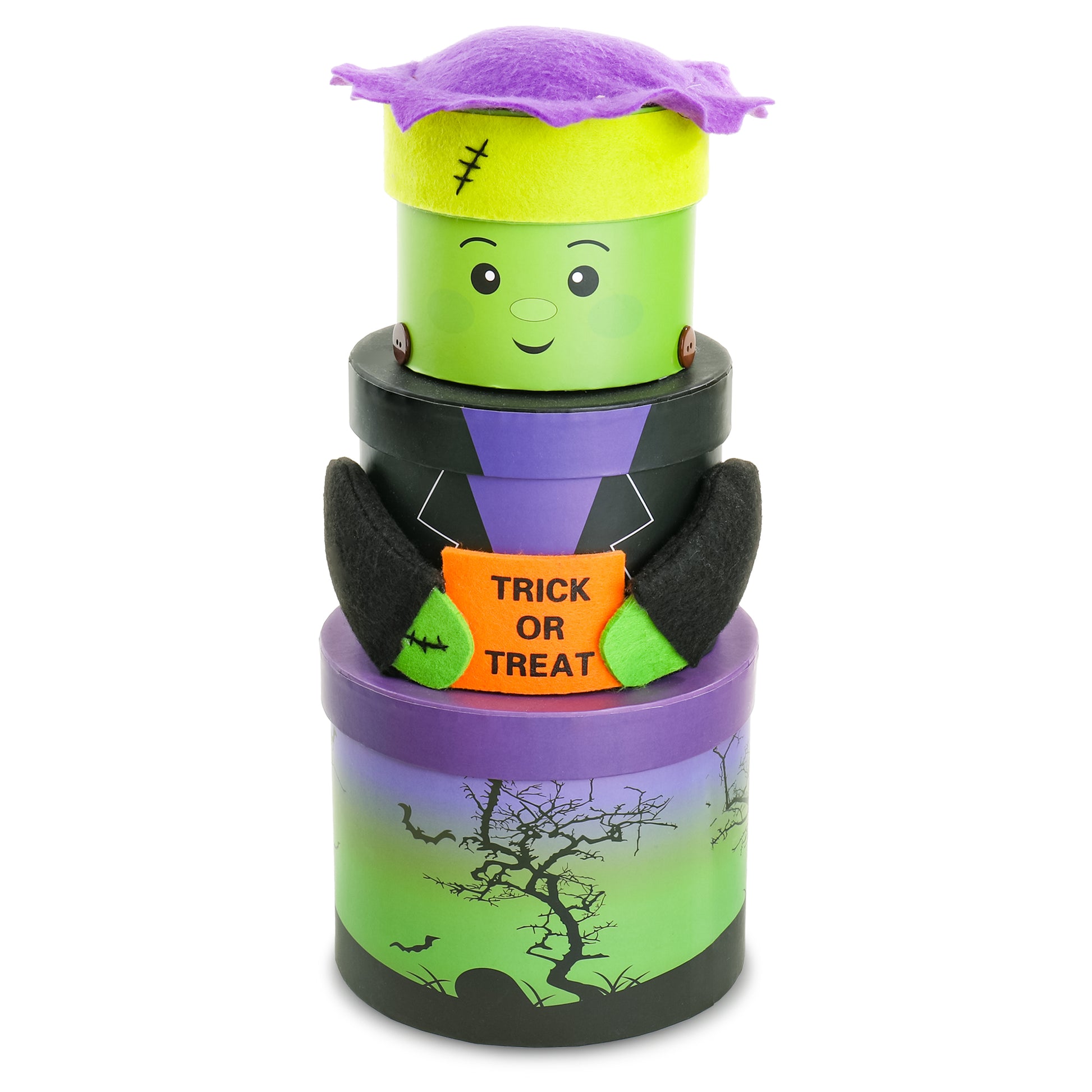 A Halloween-themed stackable set of three cylindrical containers styled like Frankenstein's monster and a haunted house. The top container features a green face with stitched details, a purple details, and an orange sign that reads 'TRICK OR TREAT'.