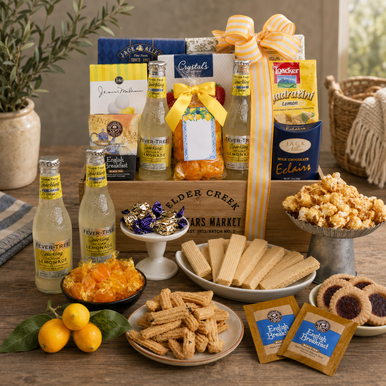 Gourmet gift basket with snacks, drinks, and treats on a wooden table.