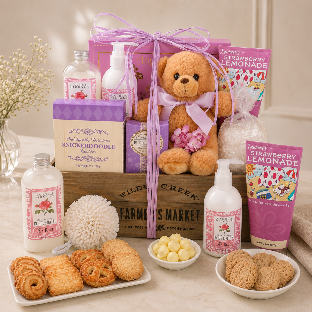 Gift basket with teddy bear, snacks, and bath products on a table.