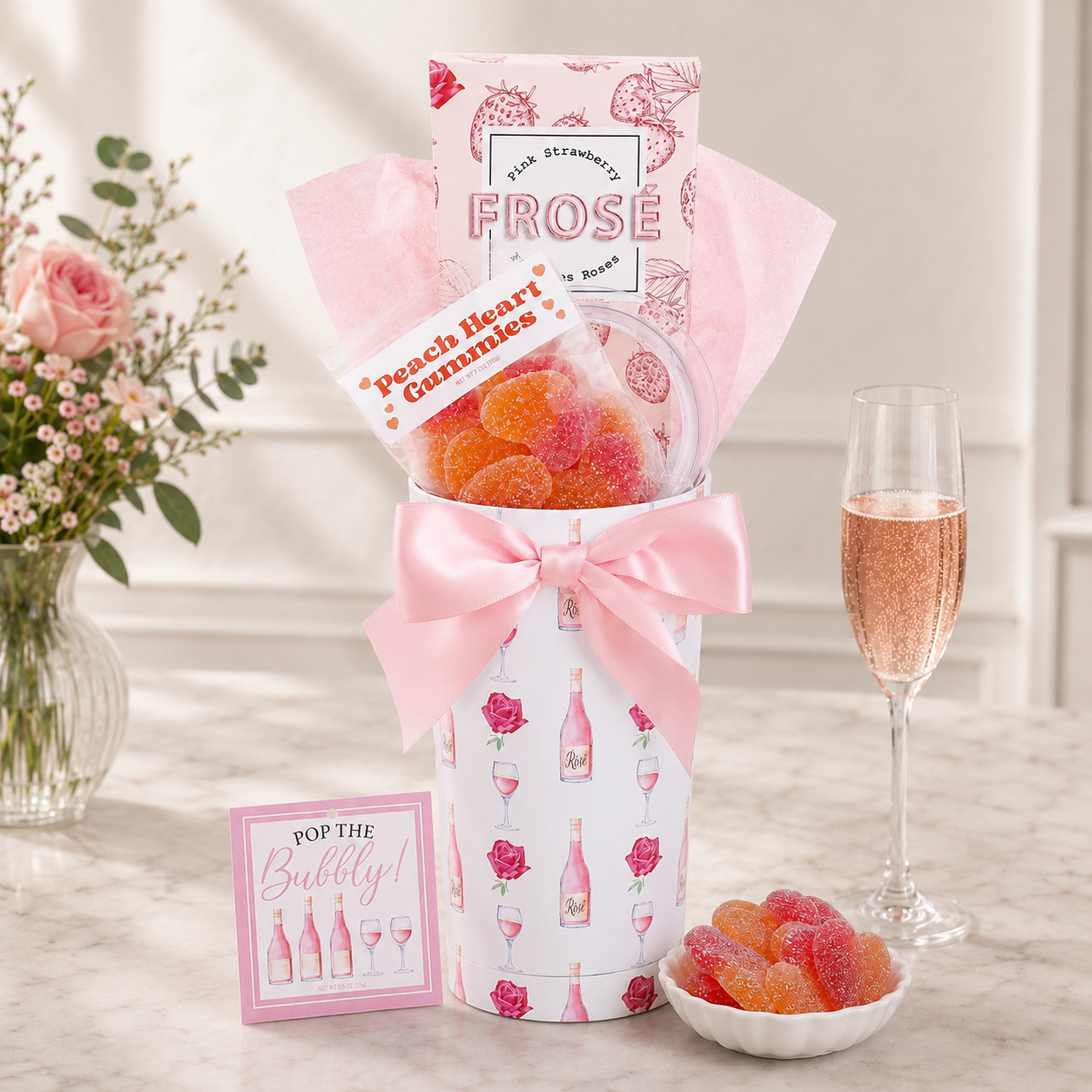 Froés peach heart gummies in a decorative box with a bow, surrounded by flowers