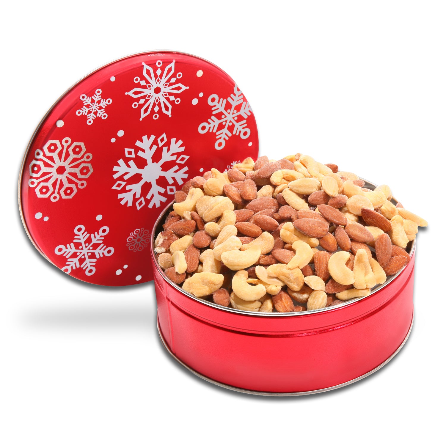 1lb deluxe mixed nuts in red tin with white snowflakes on lid