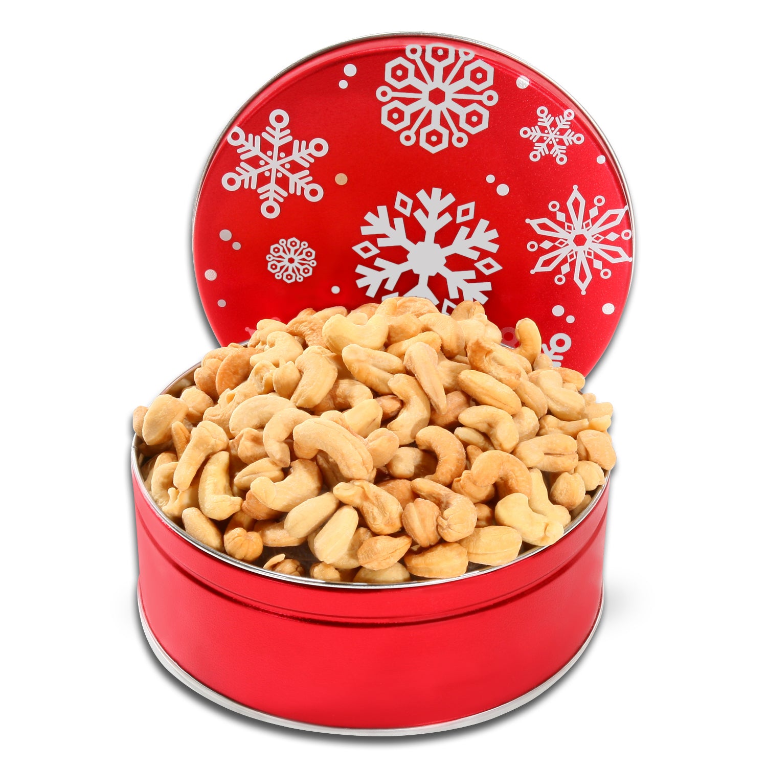 1lb cashews in red tin with white snowflakes on lid