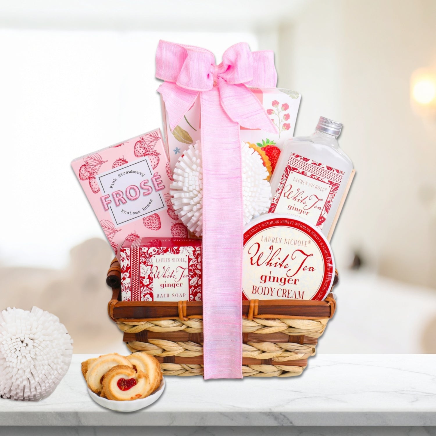 spa gift basket displayed on countertop