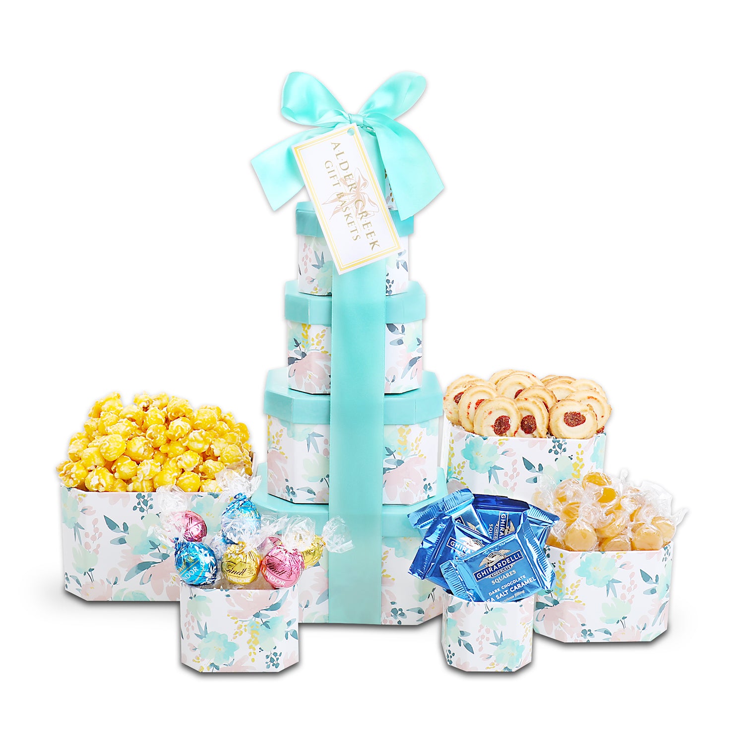 Gift tower with floral design and pastel colors on a white background