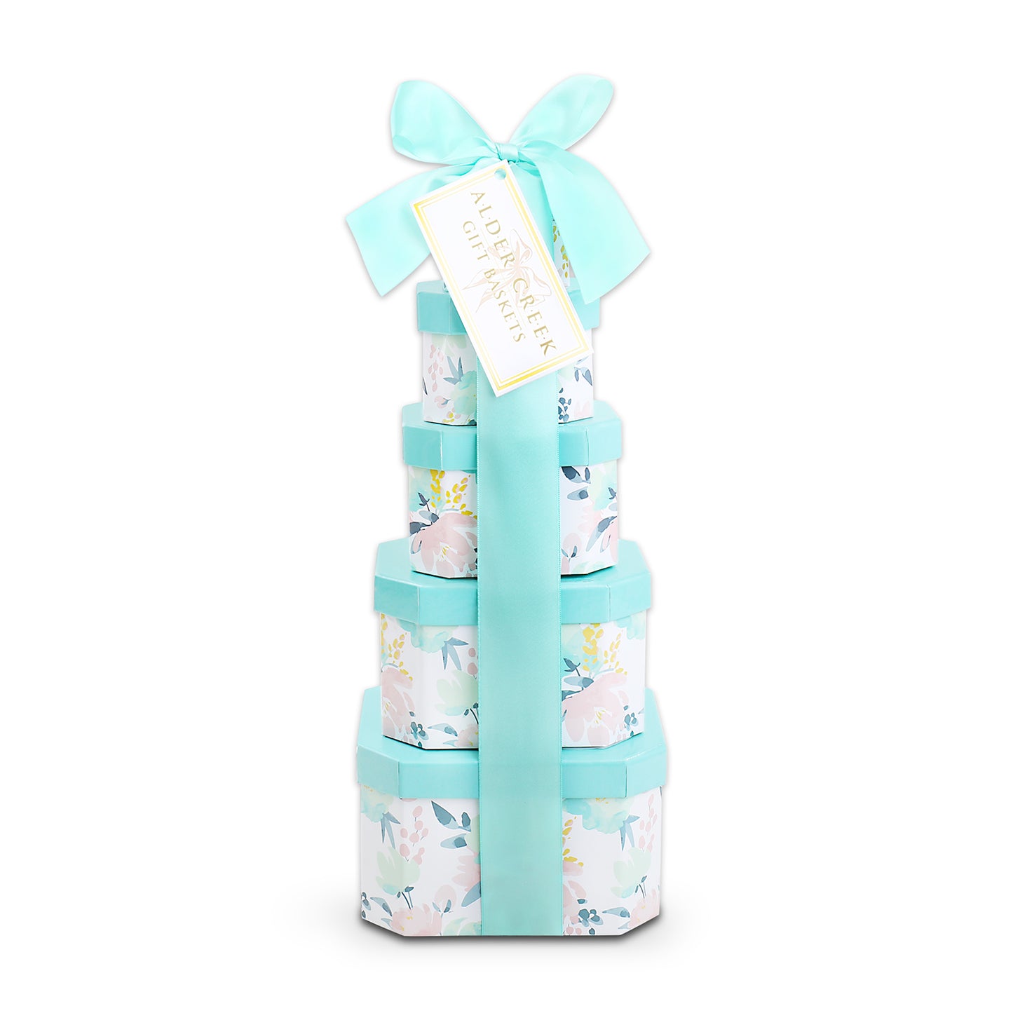Stack of baby diaper cakes with a blue ribbon on a white background