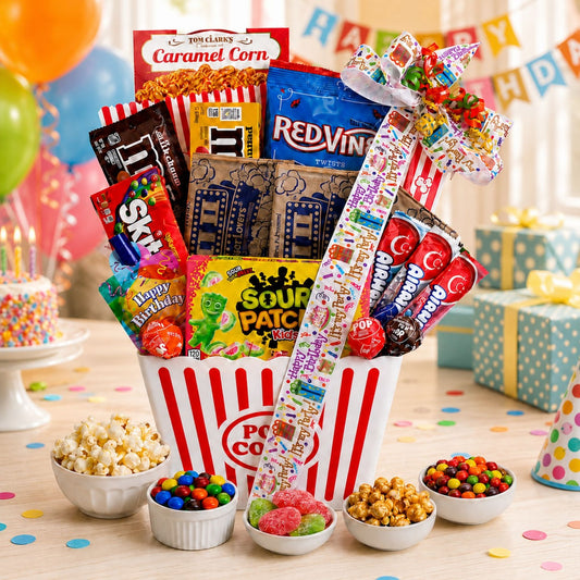 A birthday-themed candy and snack gift basket arranged in a white popcorn bucket with red stripes, filled with assorted packaged sweets and surrounded by bowls of popcorn, candy, and caramel corn on a decorated party table.