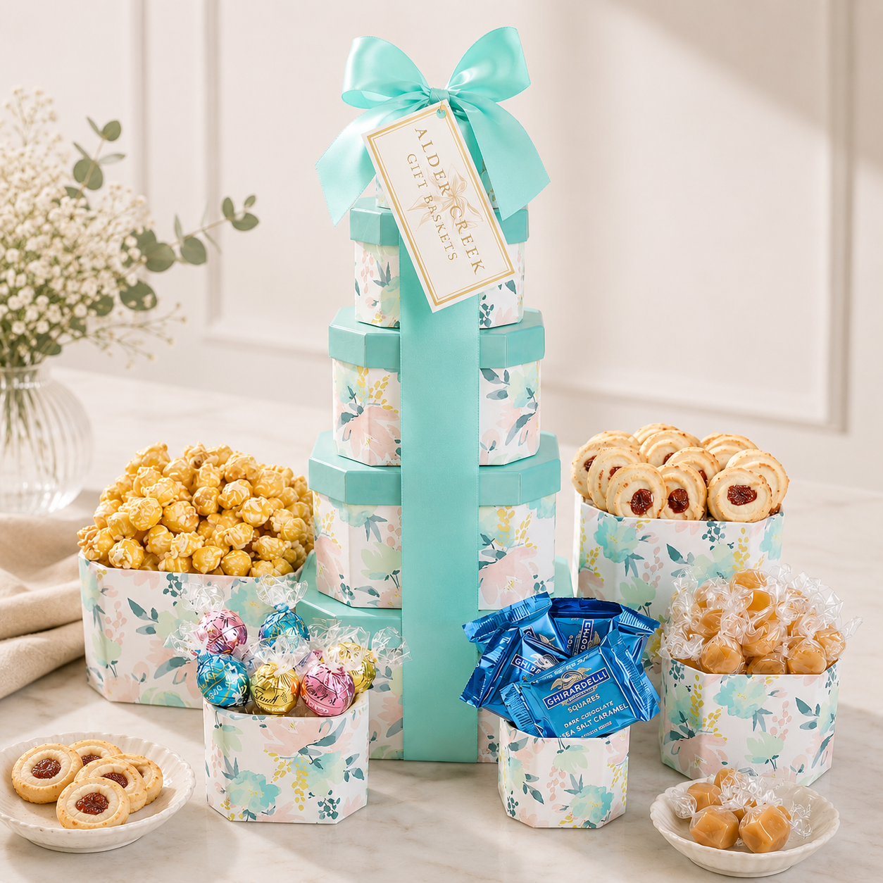 Gourmet gift tower with pastel floral packaging, cookies, and popcorn on a light surface.