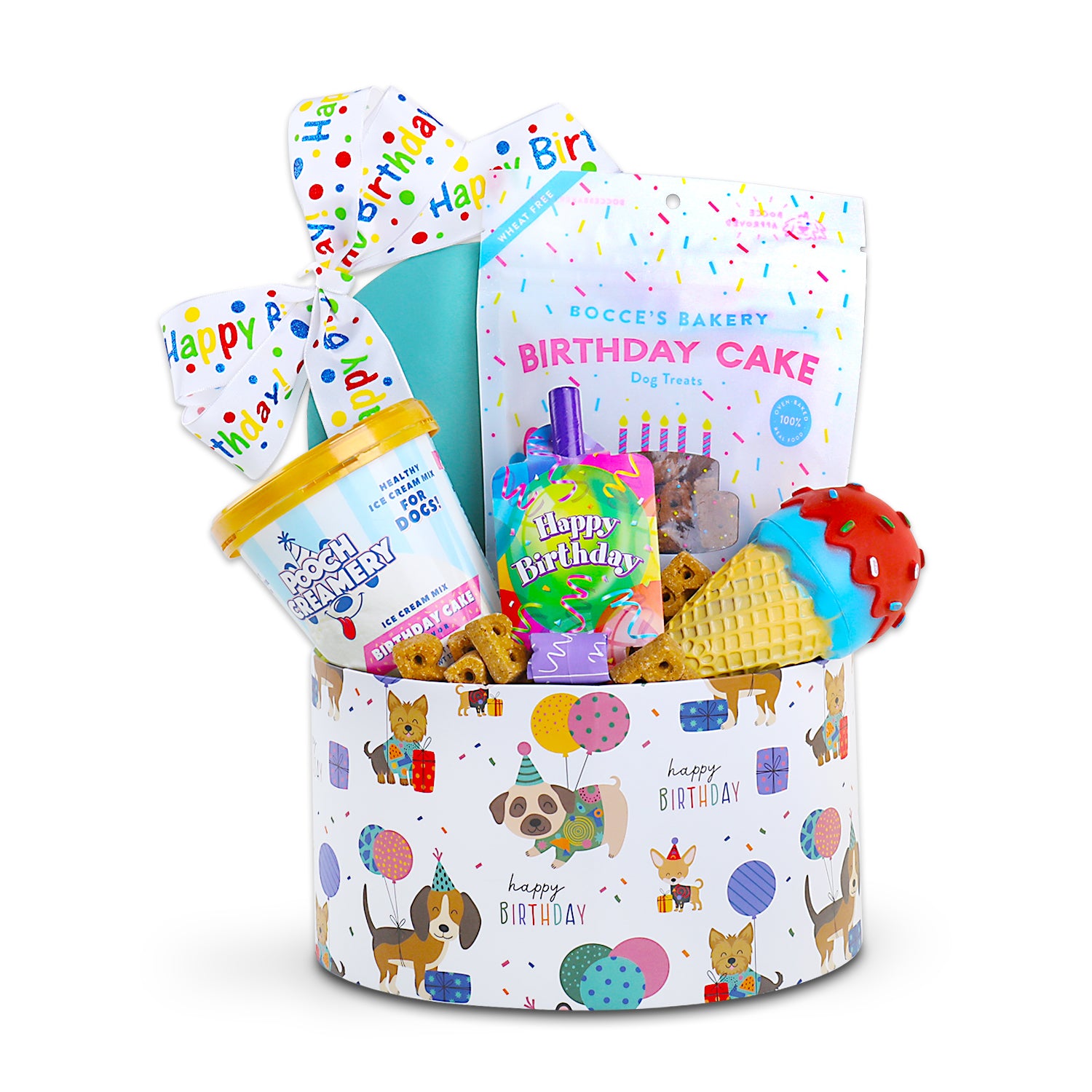 Bocce’s Bakery Birthday Cake Dog Treats (5oz.), Pooch Creamery Birthday Cake Flavor Ice Cream Mix (5.25oz.), Ice Cream Cone Squeak Toy, Birthday Blowout, in dog birthday printed Oval Box
