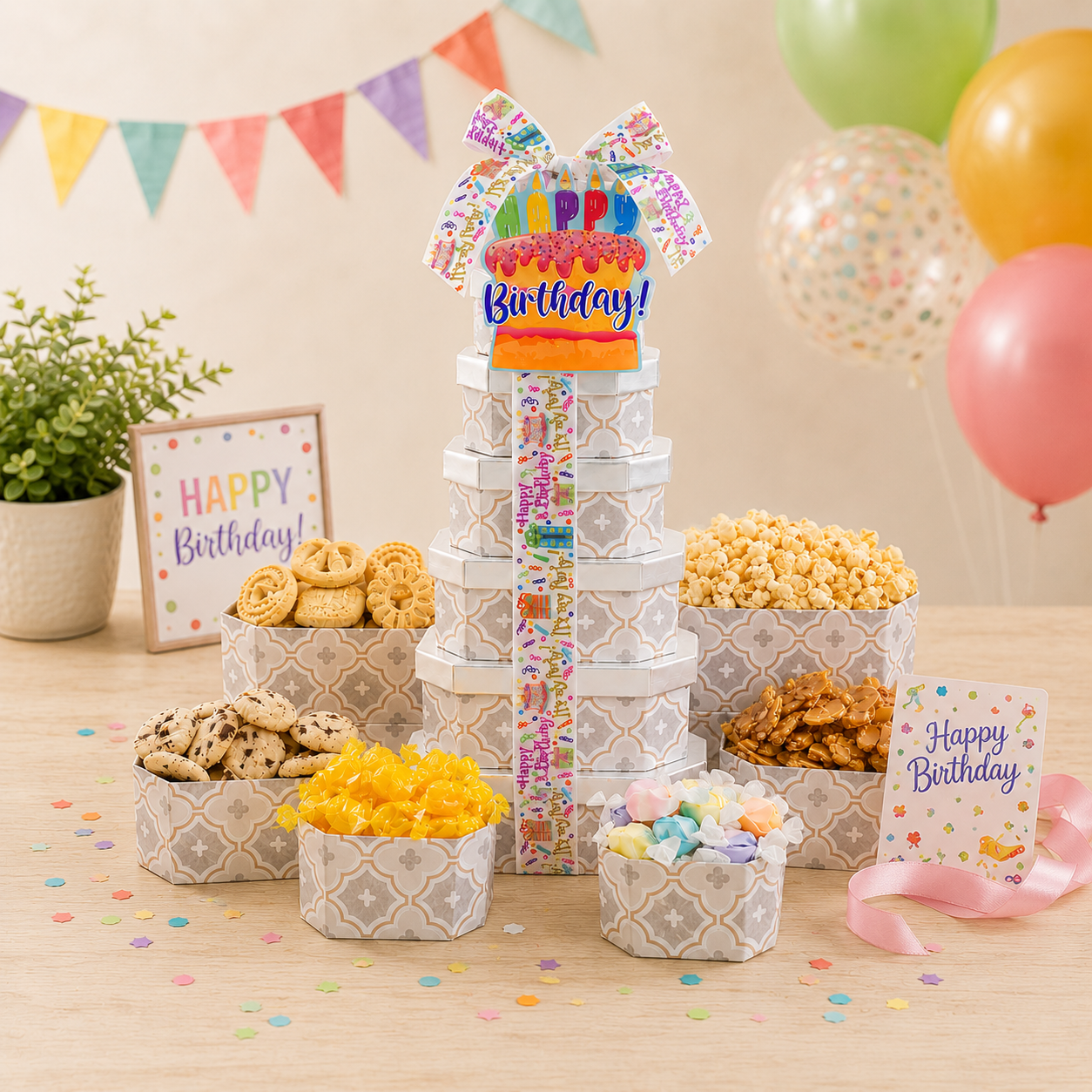 Birthday-themed snack set with cookies, popcorn, and a colorful 'Happy Birthday' sign on a wooden table.