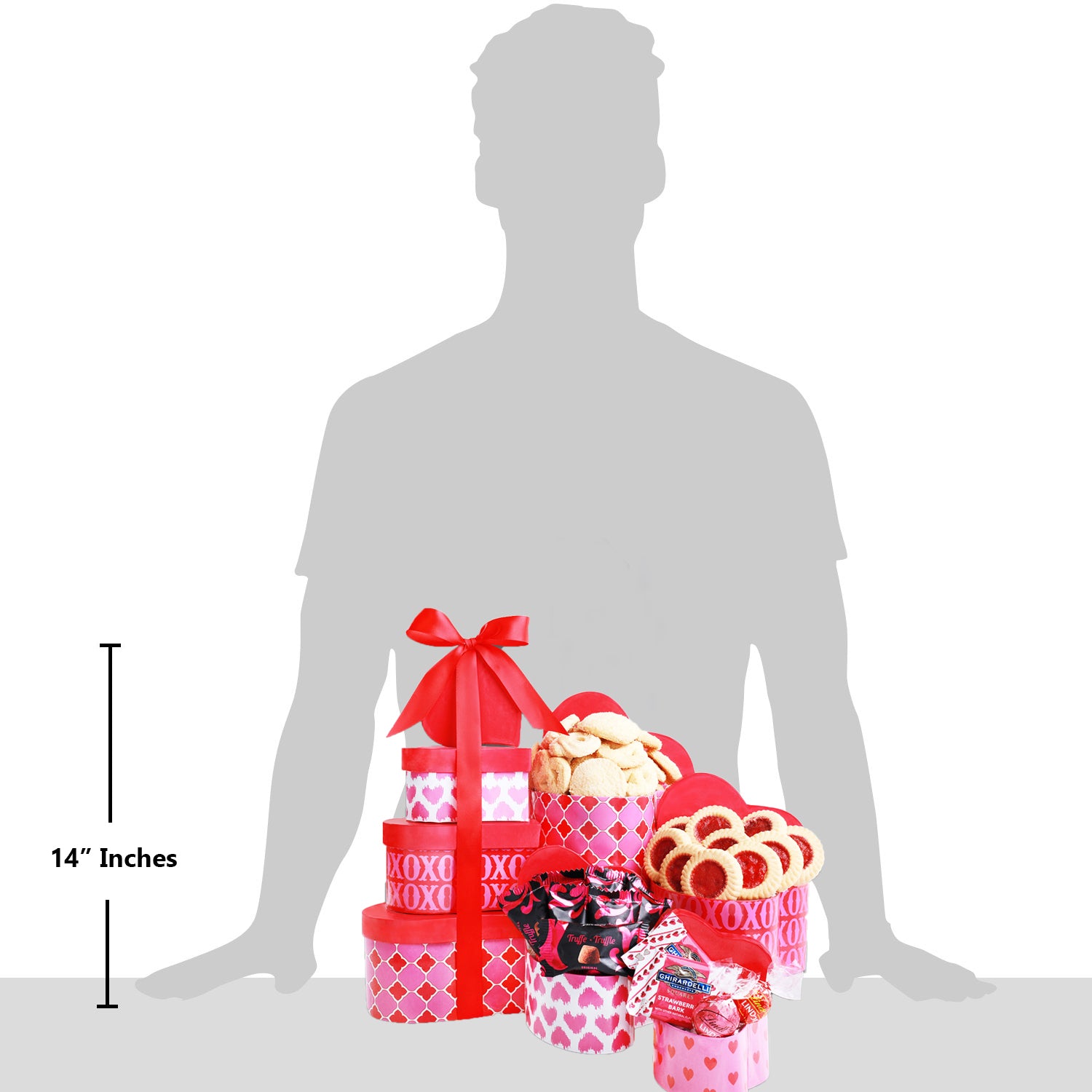 Gift Tower over man illustration to demonstrate height.