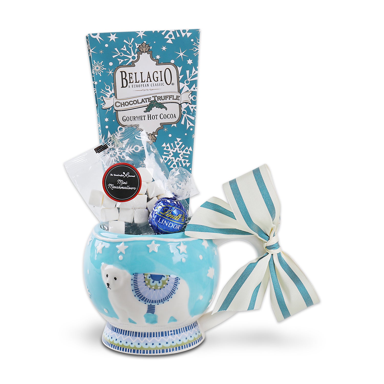 Bellagio Hot Cocoa Drink Mix (1oz.), Marshmallows (1oz.), Lindt Dark Chocolate Truffle (1pc.), Ceramic Blue Arctic Polar Bear DesignMug