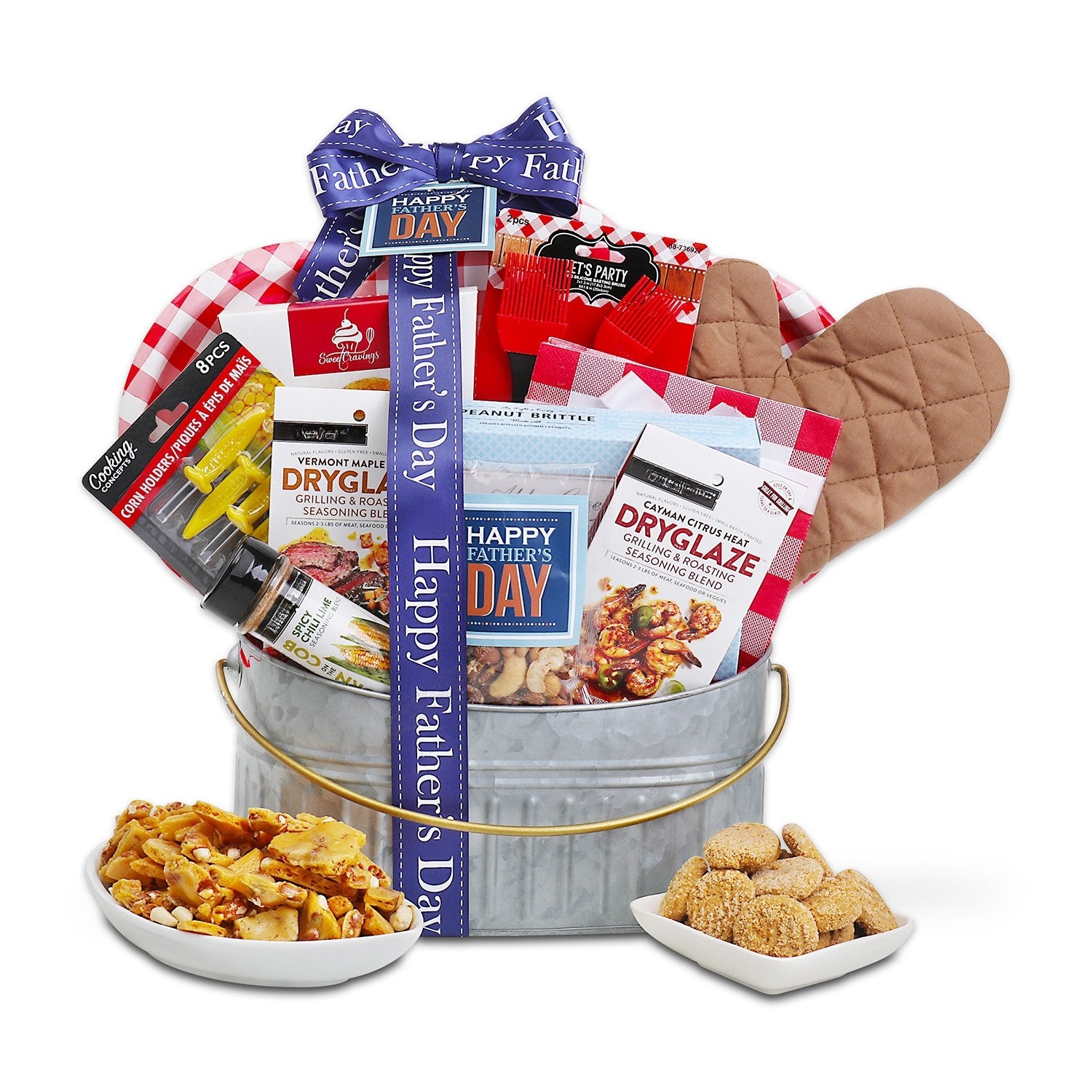 Father's Day gift basket with snacks, seasoning packets, and a mitt on a white background