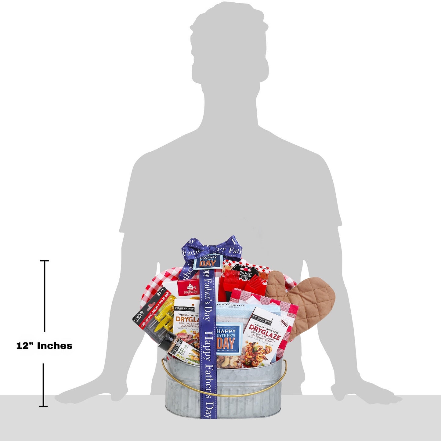 Gift basket with various items on a silhouette of a person, showing its size.