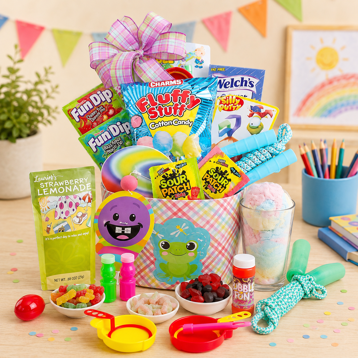 Colorful gift basket with candy and toys on a wooden table, surrounded by party decorations.